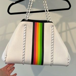 Haute Shore Greyson Tote White and Neon Beach Bag, Overnight Bag